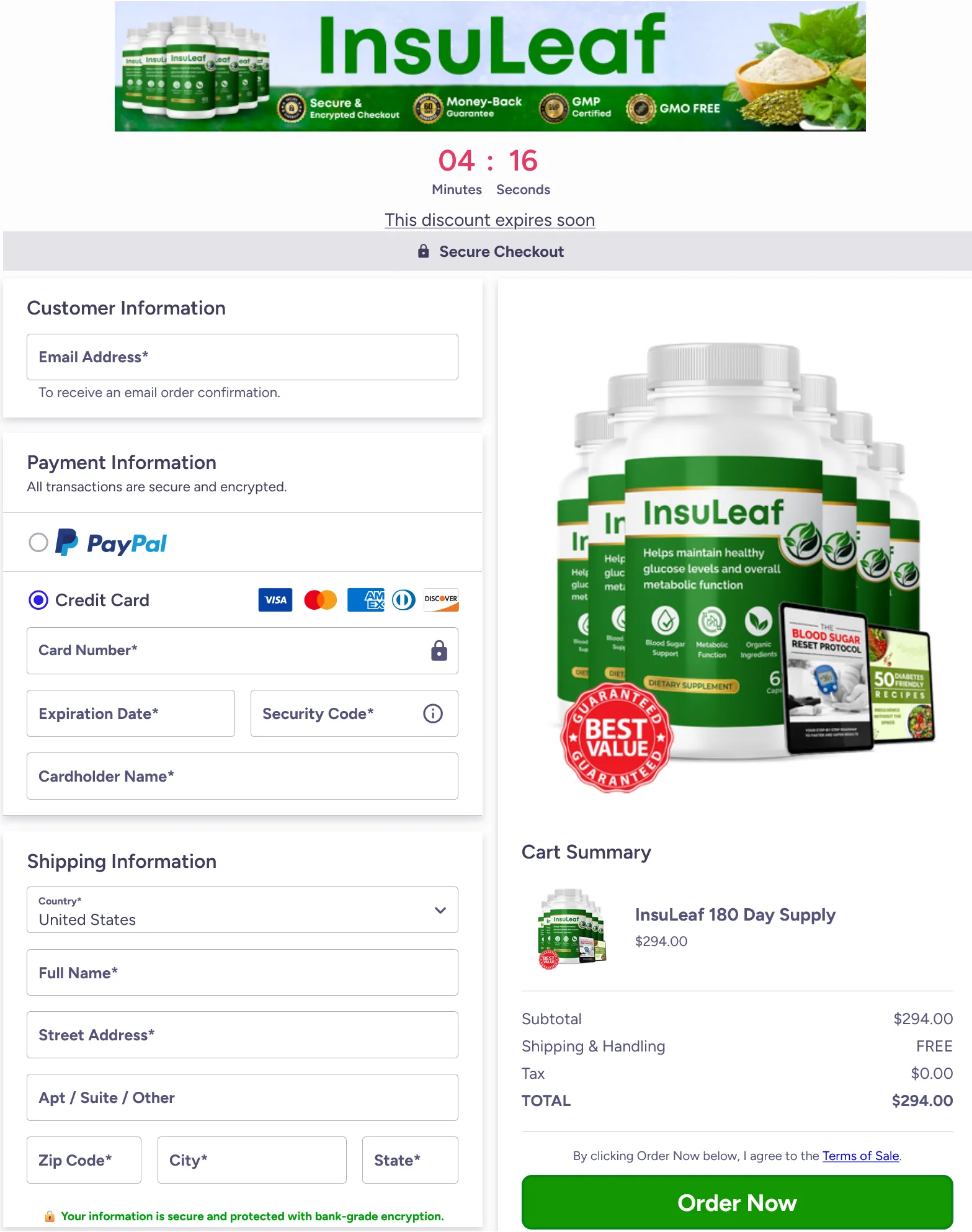"Secure checkout page for InsuLeaf 180-day supply with payment and shipping forms."